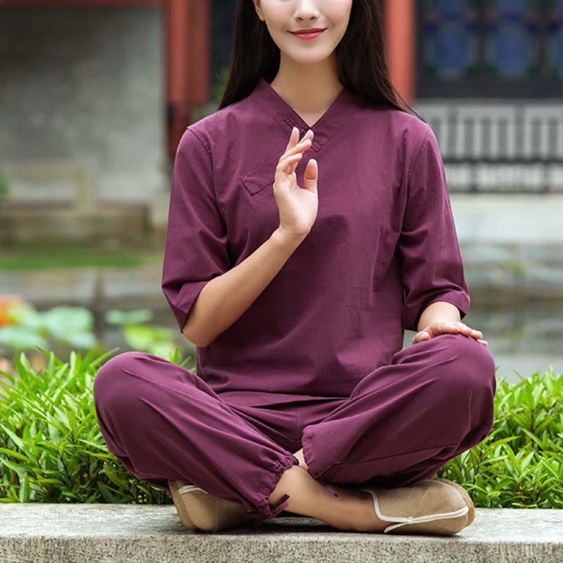 Nimara Ritual 2Pcs Half Sleeve V-Neck Shirt Top Pants Meditation Zen Tai Chi Linen Clothing Women's Set