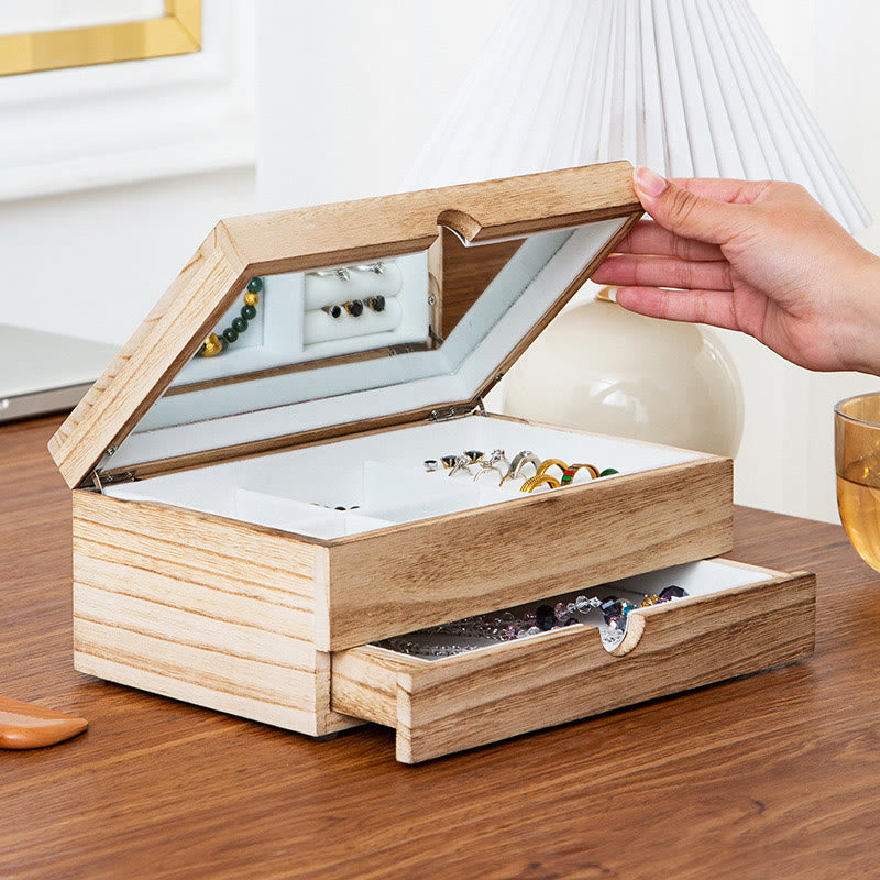 Nimara Ritual Retro Beige Wooden Jewelry Box Two-Layer Jewelry Storage Box With Mirror