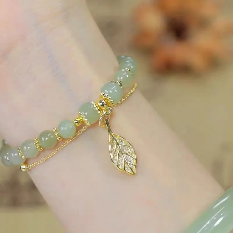 Nimara Ritual Jade Leaf Ginkgo Tulip Peanut Fu Character Luck Beaded Bracelet