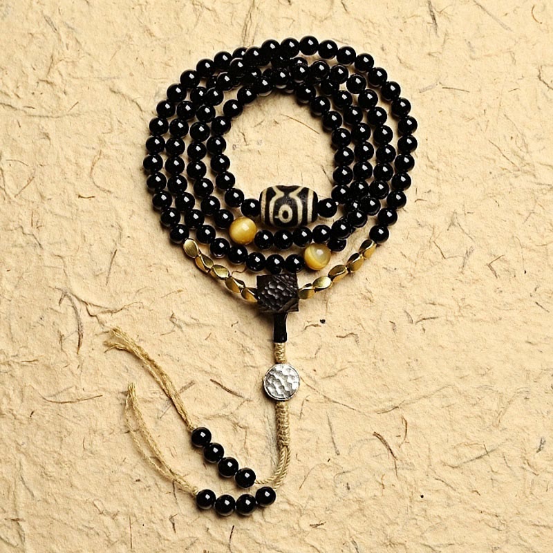 Nimara Ritual Tibetan 108 Mala Beads Black Onyx Three-eyed Dzi Beads Protection Bracelet