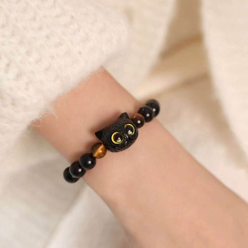 Nimara Ritual Cute Ebony Wood Cat Head Pattern Peace Bracelet