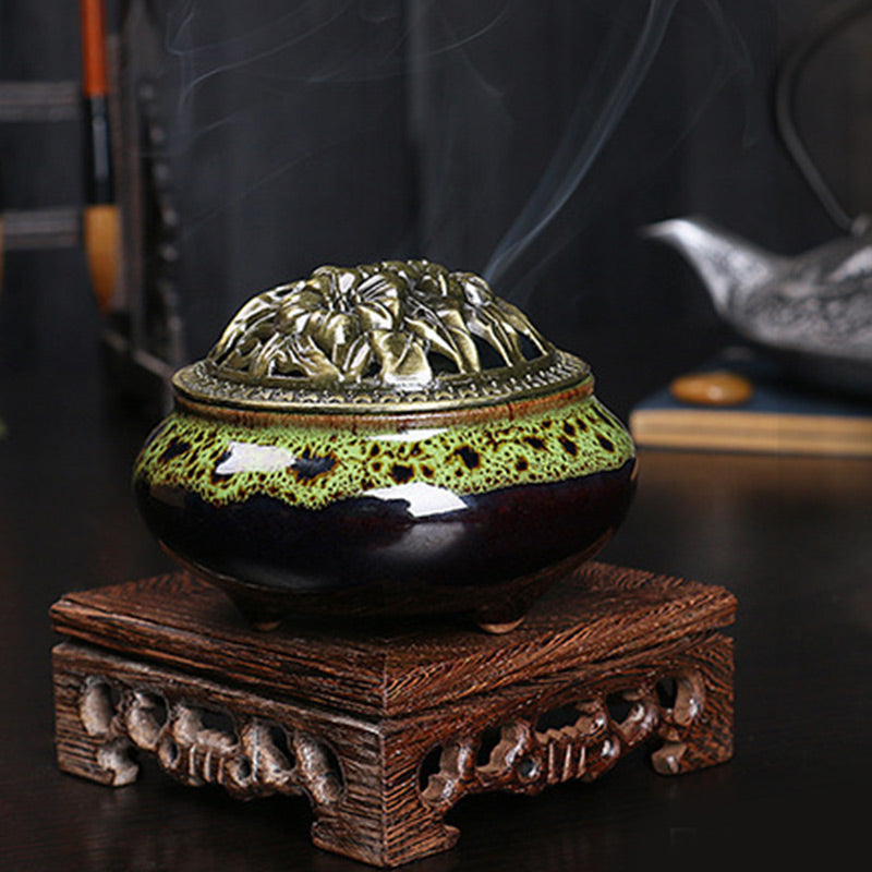 Nimara Ritual Flower Pattern Ceramic Blessing Meditation Incense Burner Decoration