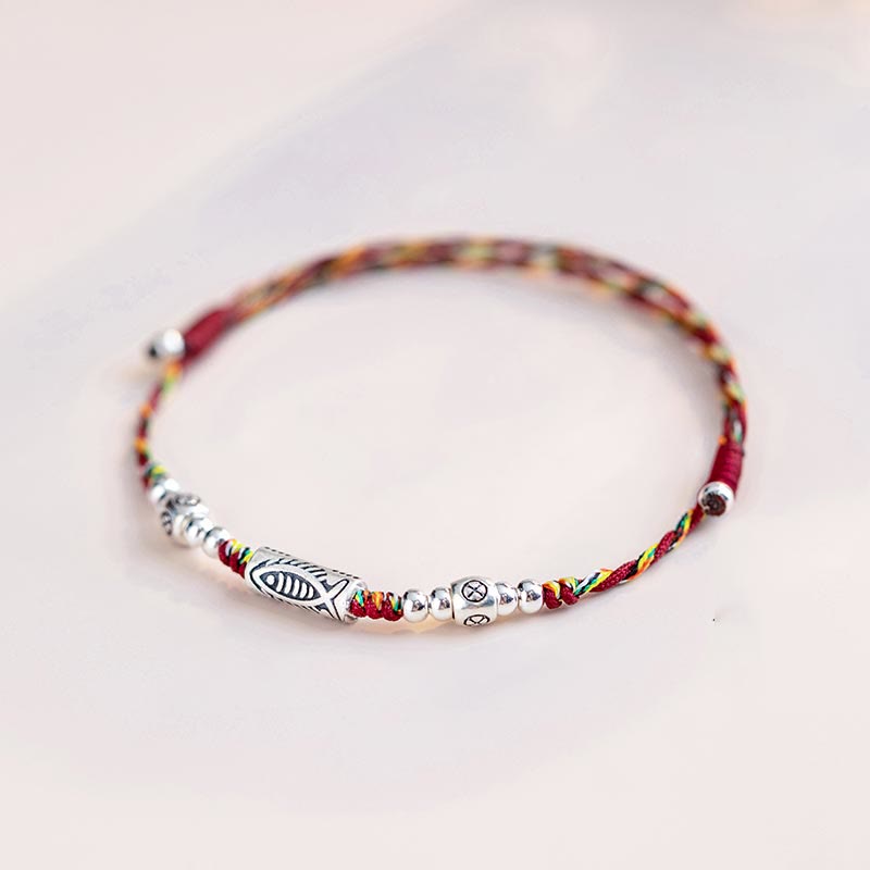 Nimara Ritual 925 Sterling Silver Luck Koi Fish Braided Colorful String Bracelet Anklet