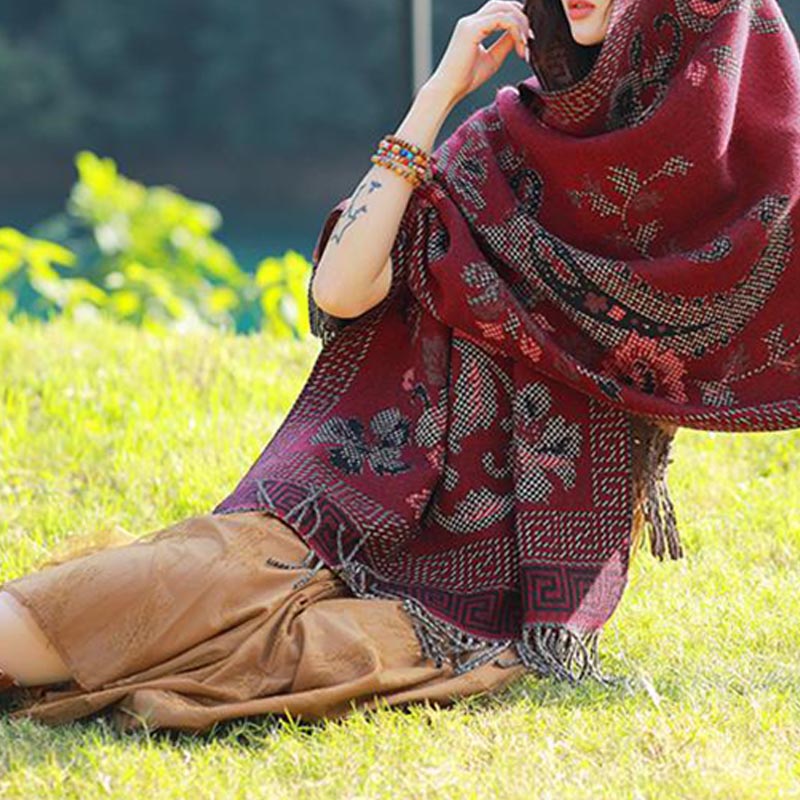 Nimara Ritual Tibetan Flowers Leaves Pattern Design Shawl Cozy Travel Scarf Wrap