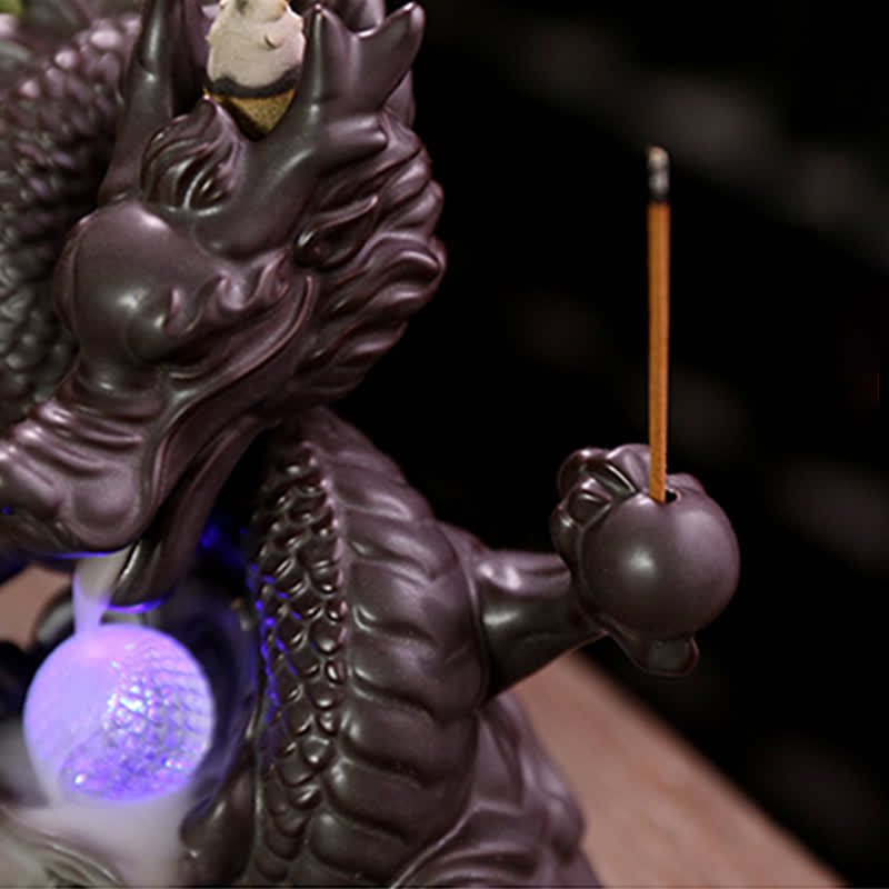 Nimara Ritual Auspicious Dragon Ceramic Backflow Smoke Fountain Meditation Healing Incense Burner Led Ball Decoration