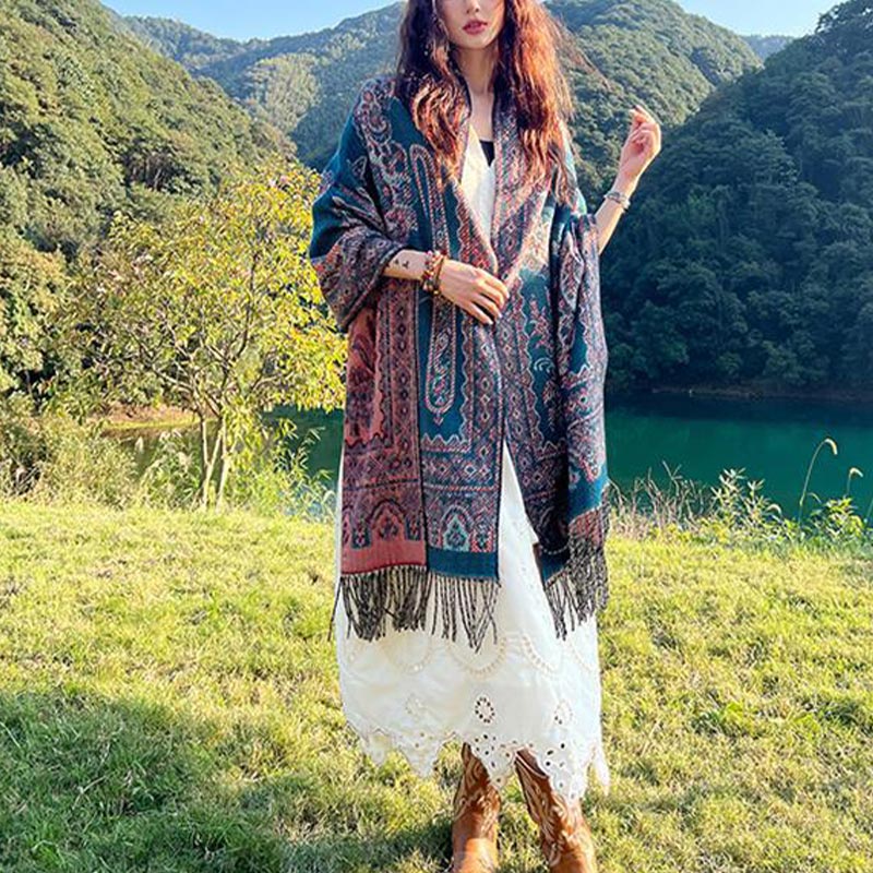 Nimara Ritual Vintage Tibetan Leaves Pattern Design Shawl Cozy Travel Scarf Wrap
