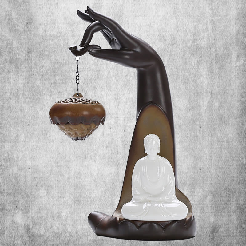 Nimara Ritual Led Buddha Hand Backflow Smoke Fountain Healing Ceramic Stick Incense Burner Decoration
