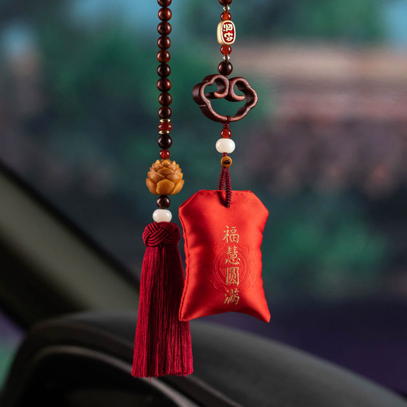 Nimara Ritual Tibetan Small Leaf Red Sandalwood Lotus Cinnabar Sachet Protection Tassel Car Hanging Decoration