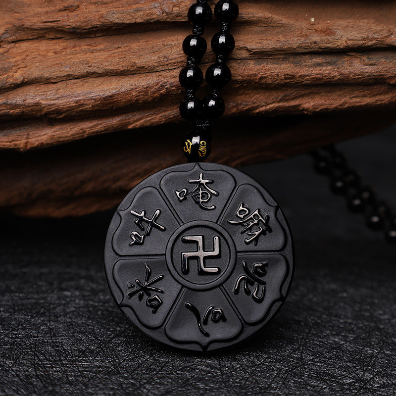 Nimara Ritual Natural Black Obsidian Tibetan Om Mani Padme Hum Buddha Swastika Luck Necklace Pendant