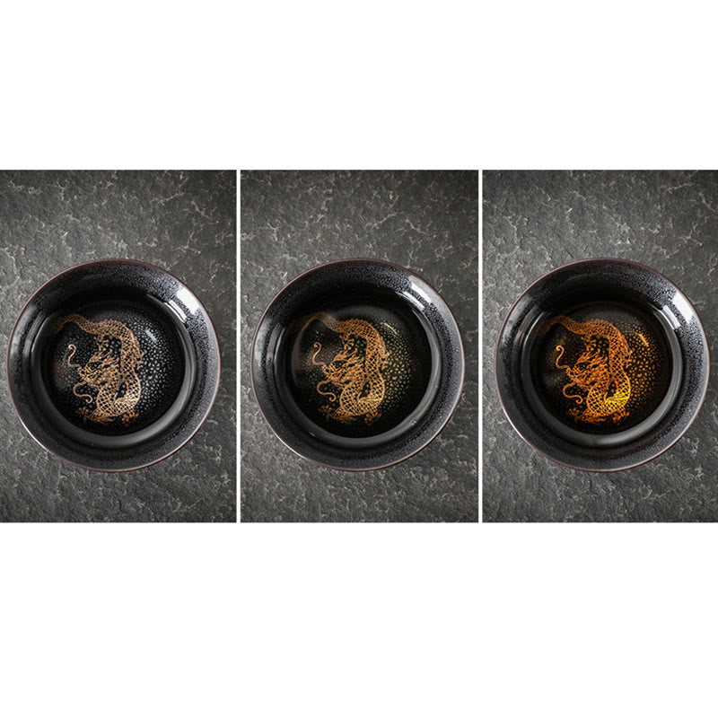 Nimara Ritual Gold Leaf Chinese Jianzhan Dragon Phoenix Lotus Avalokitesvara Koi Fish Ceramic Teacup Tenmoku Kung Fu Tea Cup Bowl