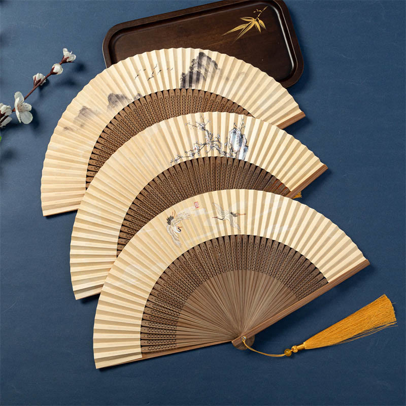 Nimara Ritual Lotus Dragonfly Wild Geese Plum Blossom Handheld Silk Bamboo Folding Fan 22.5cm
