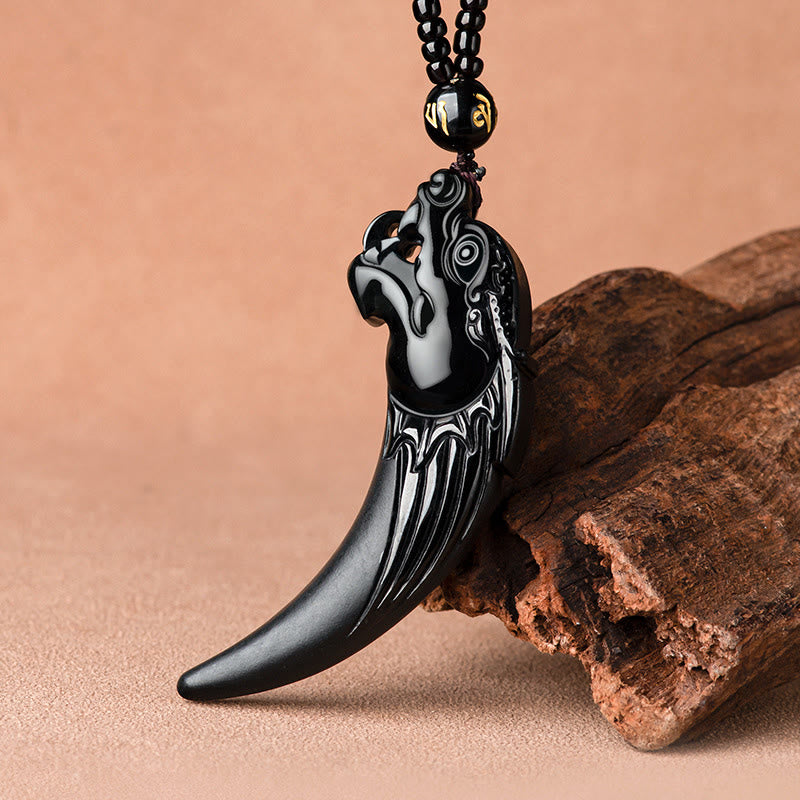 Nimara Ritual Natural Black Jade Chinese Zodiac Dragon Tooth Pattern Protection Necklace Pendant