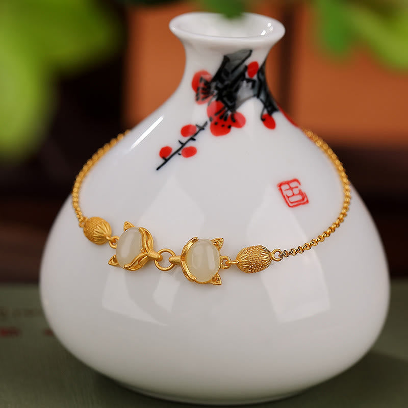 Nimara Ritual 925 Sterling Silver Natural Hetian White Jade Cyan Jade Lovely Fox Luck Bracelet