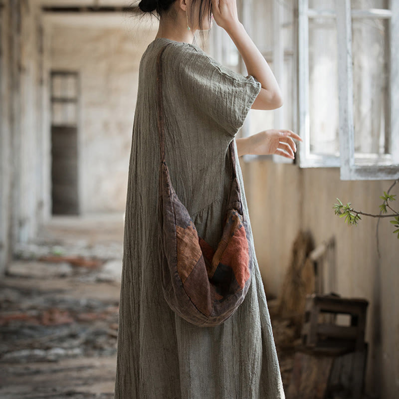 Nimara Ritual Handmade Tie Dye V-Neck Midi Dress Linen Short Sleeve Dress