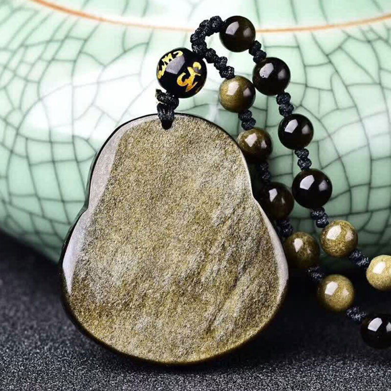 Nimara Ritual Laughing Buddha Gold Sheen Obsidian Wealth Necklace Pendant