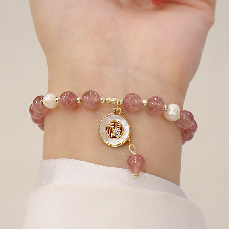 Nimara Ritual Strawberry Quartz Pearl Elk Smiley Face Fishtail Fu Character Charm Healing Bracelet