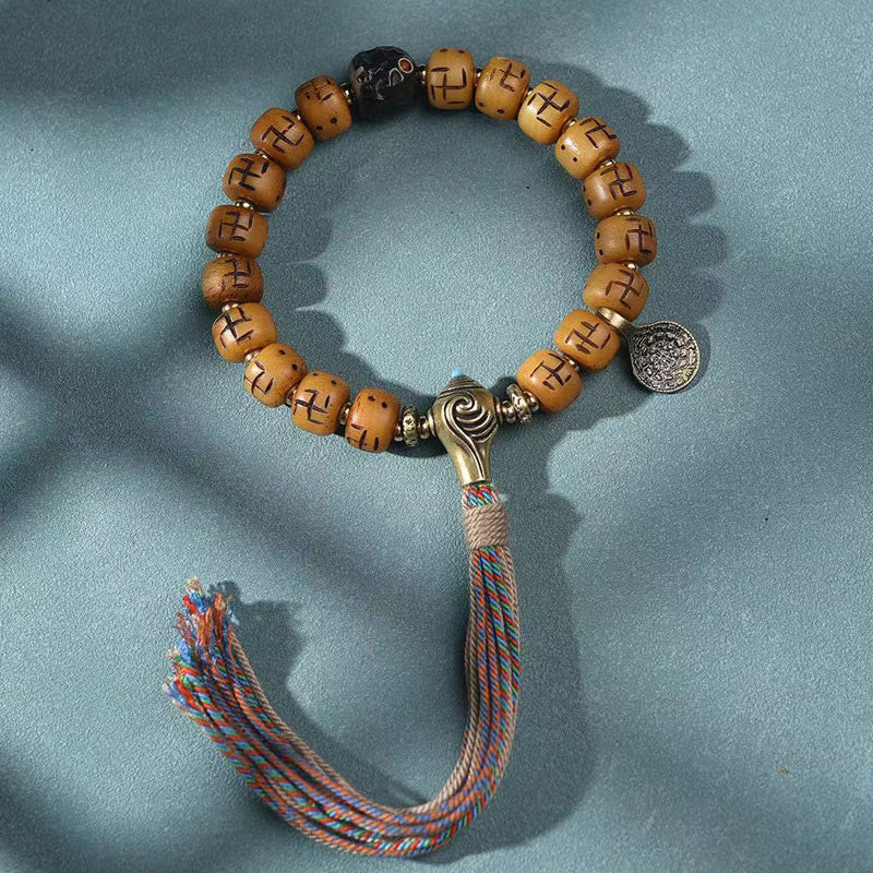 Nimara Ritual Natural Tibetan Camel Bone Swastika Dzi Bead Shankha Buddha Charm Kirtimukha Luck Protection Tassel Bracelet