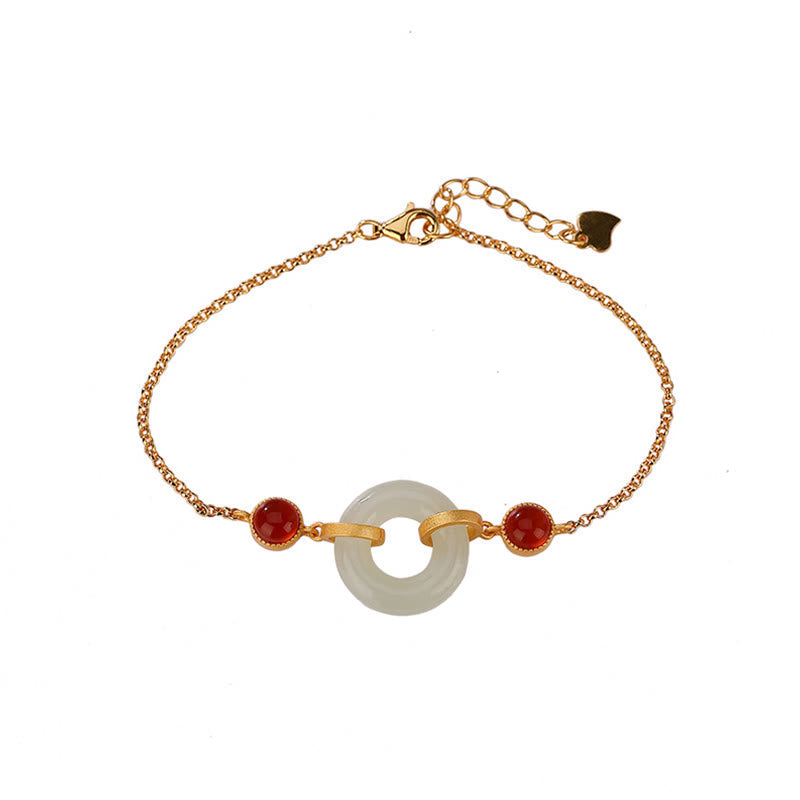 Nimara Ritual 925 Sterling Silver Plated Gold Natural Hetian Jade Peace Buckle Red Agate Luck Bracelet