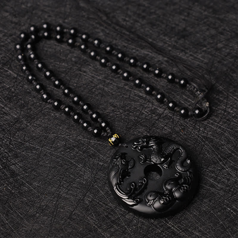 Nimara Ritual Black Obsidian Dragon Phoenix Mandarin Duck Luck Protection Necklace Pendant