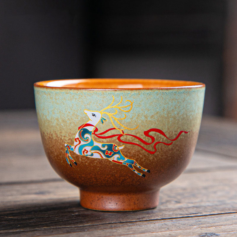 Nimara Ritual Colorful Deer Pipa Snow Plum Blossoms Mountains Rivers Bird Ceramic Teacup Kung Fu Tea Cup Bowl