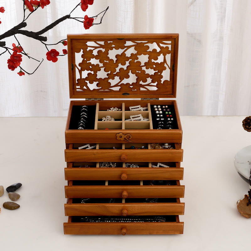 Nimara Ritual Vintage Plum Blossom Carved Wooden Jewelry Box Six-Layer Jewelry Storage Box