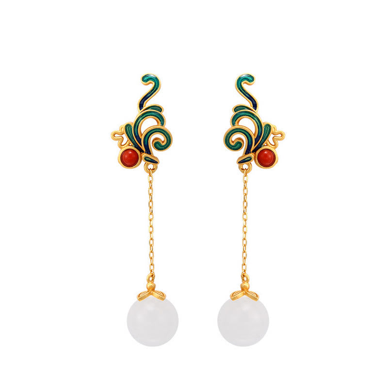 Nimara Ritual Vintage White Jade Red Agate Bead Blessing Drop Dangle Earrings