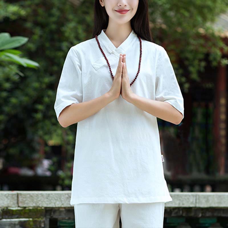 Nimara Ritual 2Pcs Half Sleeve V-Neck Shirt Top Pants Meditation Zen Tai Chi Linen Clothing Women's Set