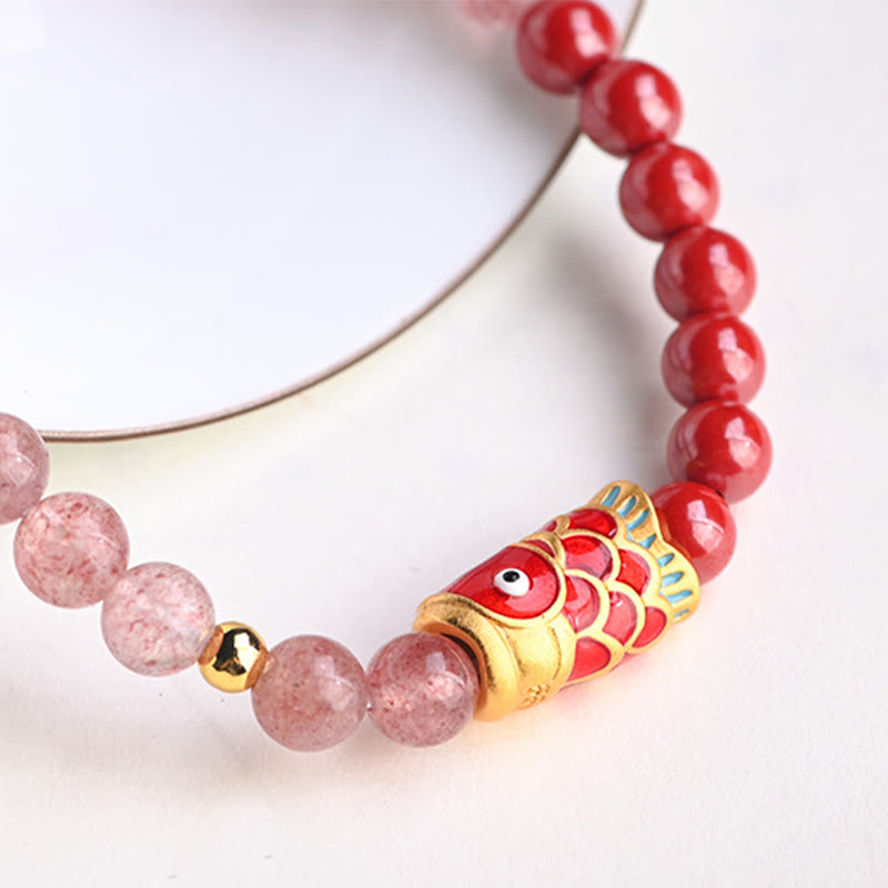 Nimara Ritual Natural Strawberry Quartz Cinnabar Lucky Koi Fish Healing Bracelet