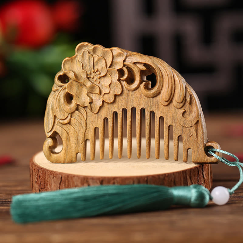 Nimara Ritual Green Sandalwood Fox Peony Flower Lotus Engraved Cure Tassel Comb