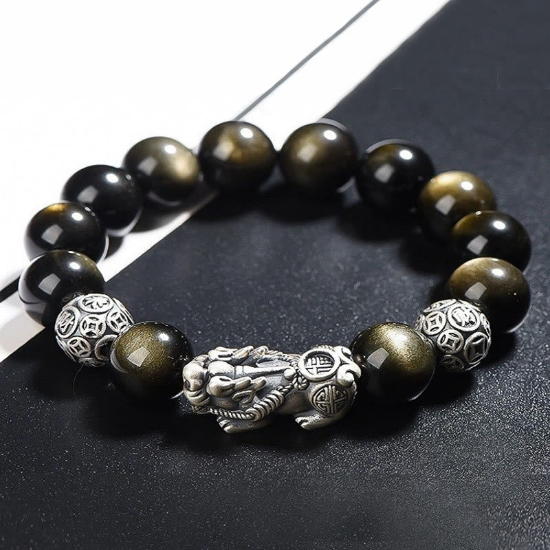 Nimara Ritual 925 Sterling Silver Natural Gold Sheen Obsidian PiXiu Wealth Protection Bracelet