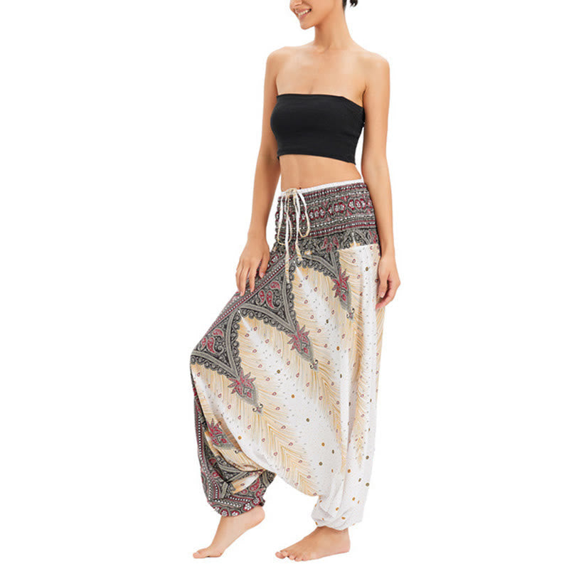 Nimara Ritual Two Style Wear Peacock Feather Loose Smocked Harem Trousers Jumpsuit High Waist Pants