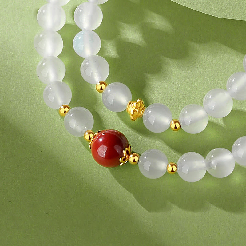 Nimara Ritual 925 Sterling Silver Natural White Agate Cinnabar Double Wrap Protection Bracelet