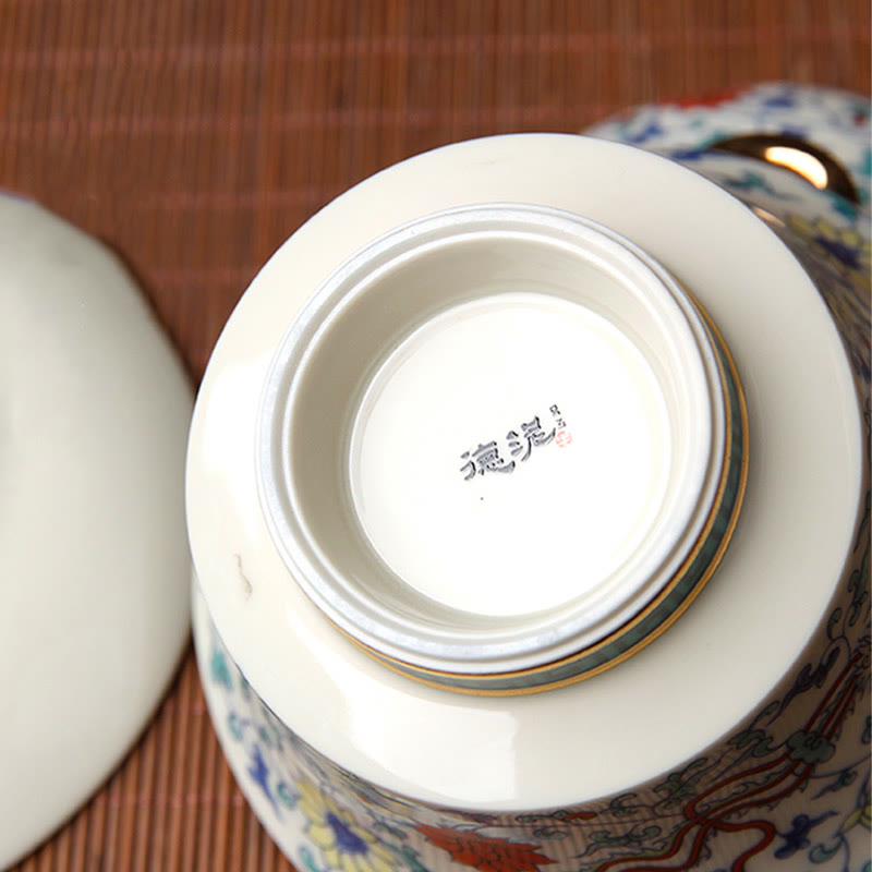 Nimara Ritual Retro Plum Blossom Pine Bamboo Phoenix Kirin Ceramic Gaiwan Sancai Teacup Kung Fu Tea Cup and Saucer with Lid