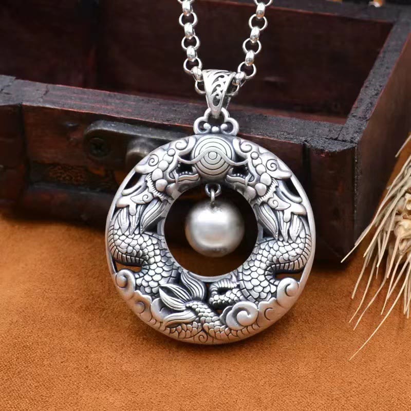 Nimara Ritual Double Dragon Playing Bead Copper Protection Necklace Pendant