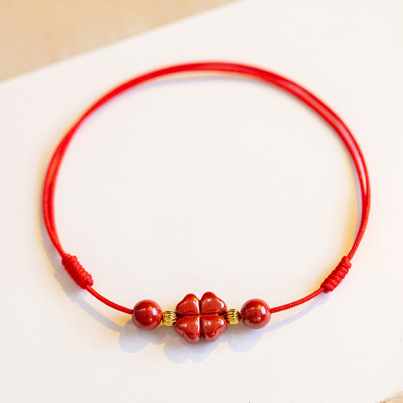 Nimara Ritual Four Leaf Clover Cinnabar Blessing Calm String Bracelet Anklet