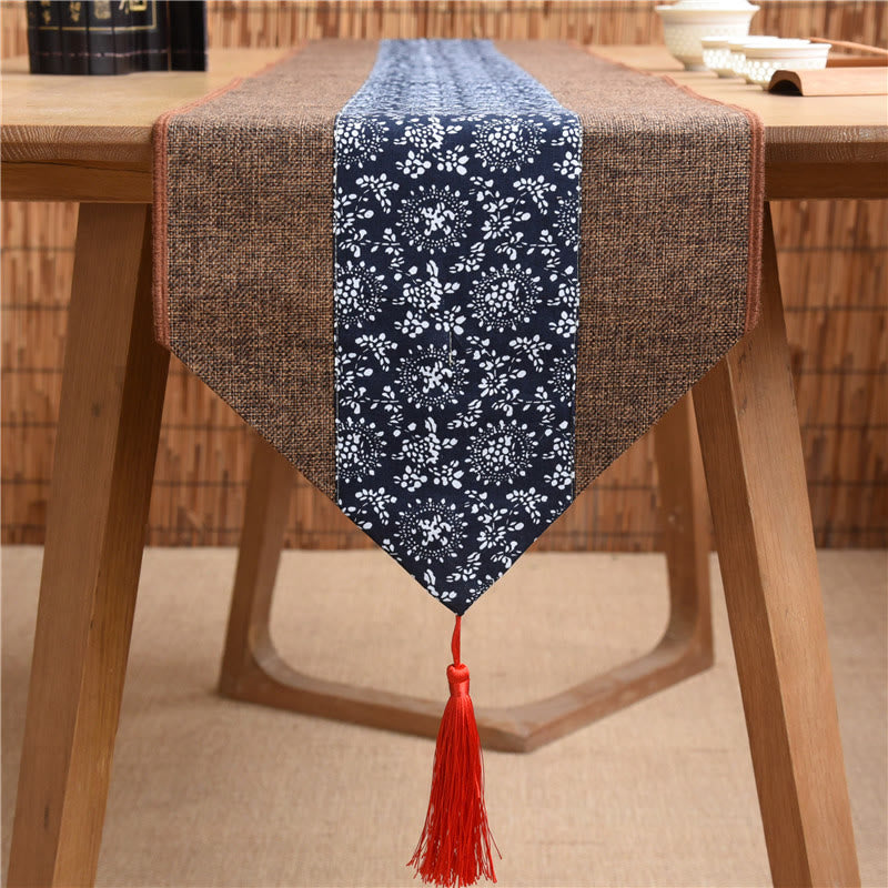 Nimara Ritual Classic Chinese Style Lotus Koi Fish Flower Crane Calligraphy Enlightenment Cotton Linen Tassels Table Runner