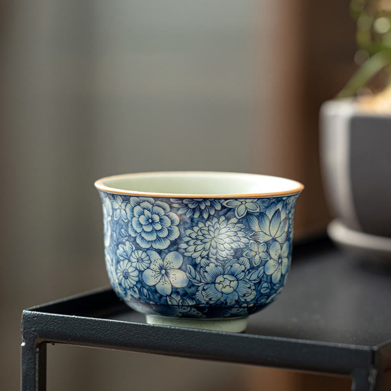 Nimara Ritual Vintage Lotus Peony Plum Blossom Chrysanthemum Ceramic Teacup Tea Cups