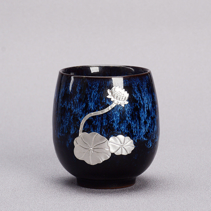 Nimara Ritual Silver Lotus Flower Leaf Chinese Jianzhan Ceramic Teacup Kung Fu Tea Cup 150ml