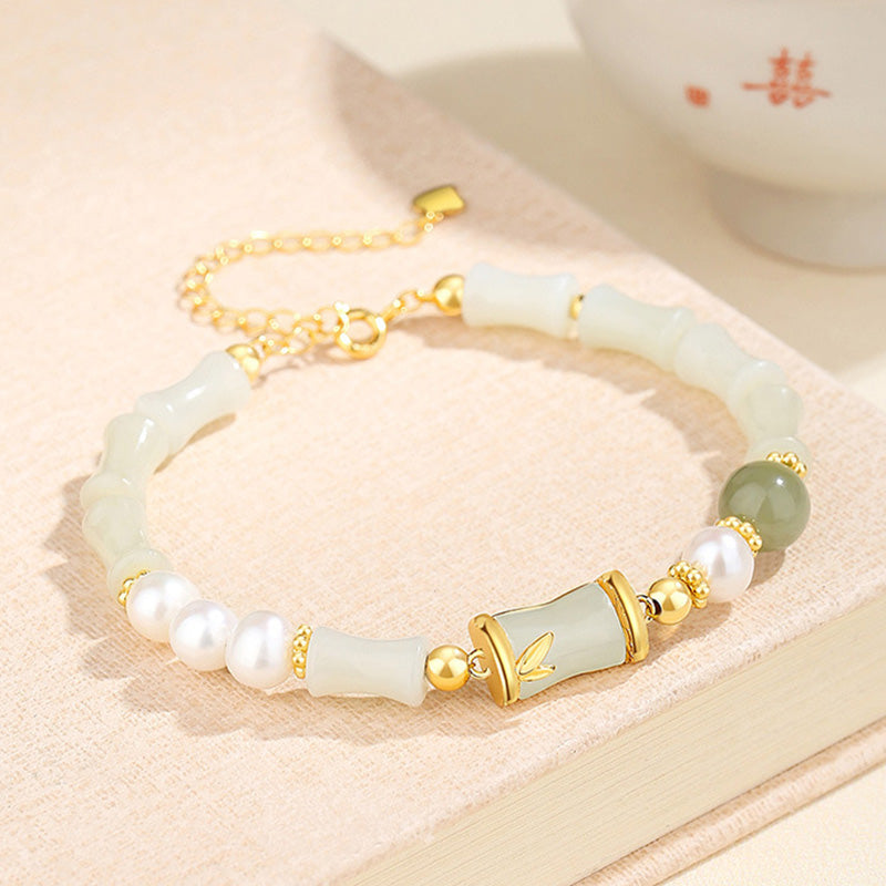 Nimara Ritual 925 Sterling Silver Natural Hetian White Jade Bamboo Luck Blessing Bracelet