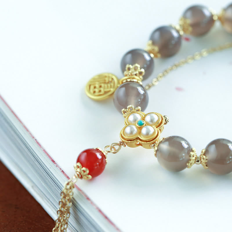 Nimara Ritual Natural Gray Agate Fu Character Pearl Tassel Balance Bracelet
