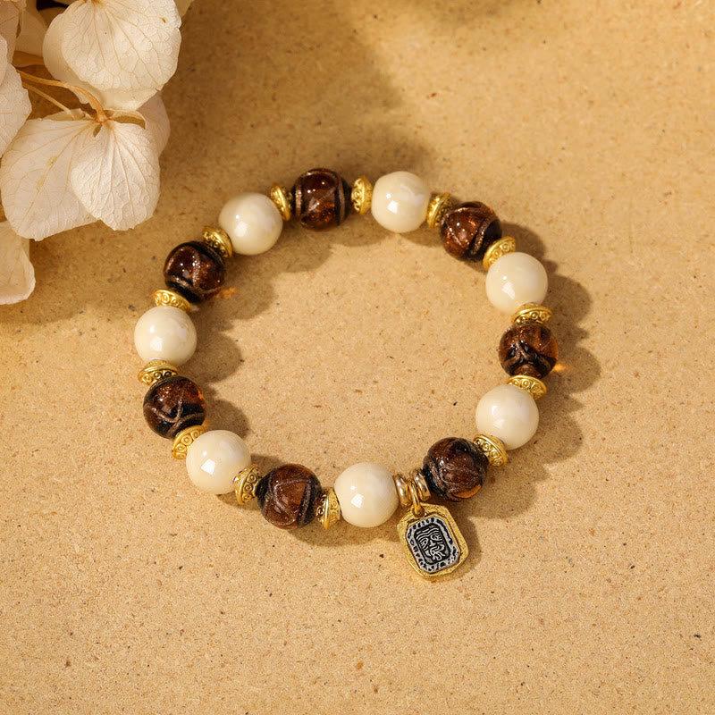 Nimara Ritual Tibetan Zakiram Goddess of Wealth Charm Liuli Glass Incense Ash Porcelain Bead Protection Bracelet