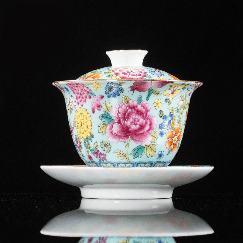 Nimara Ritual Peony Flowers Ceramic Gaiwan Sancai Teacup Kung Fu Tea Cup And Saucer With Lid