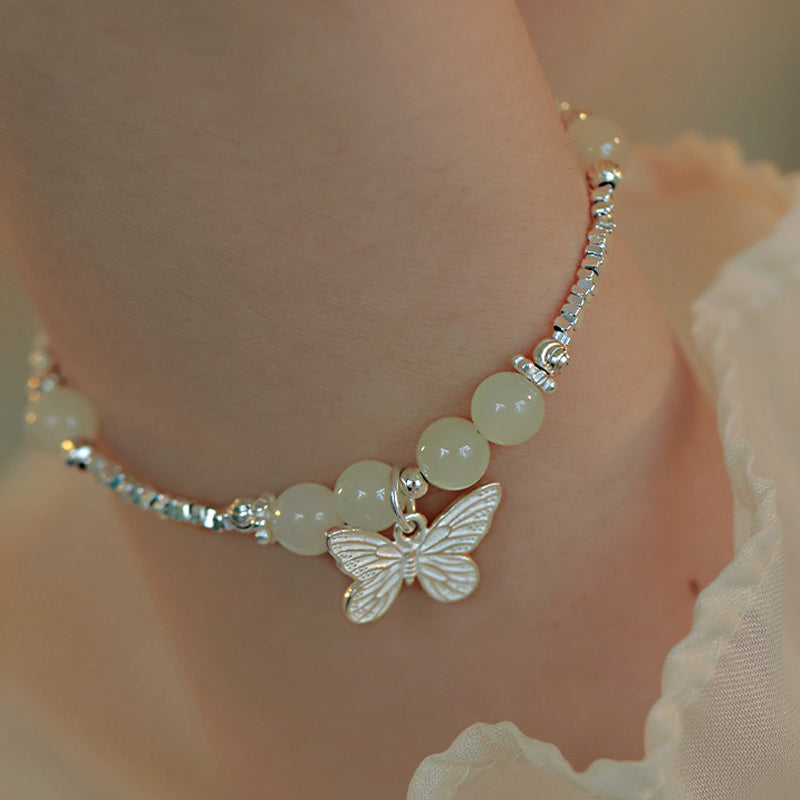 Nimara Ritual 925 Sterling Silver Natural Hetian Jade Luck Butterfly Charm Bracelet