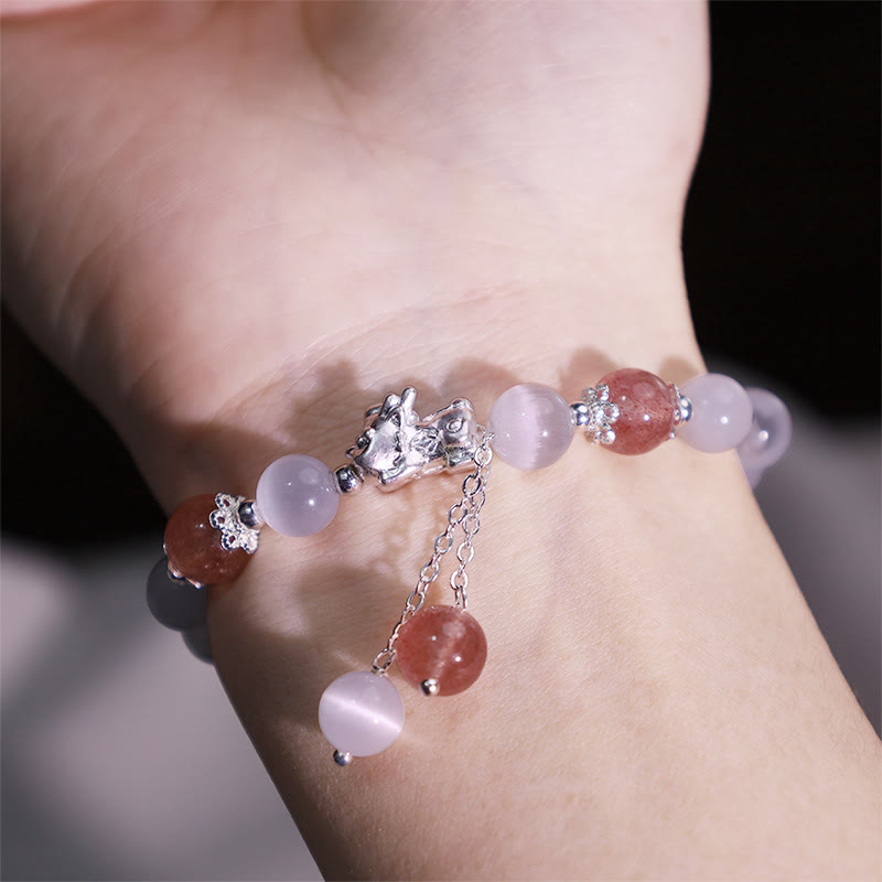 Nimara Ritual Natural Cat's Eye Moonstone Strawberry Quartz PiXiu Support Bracelet