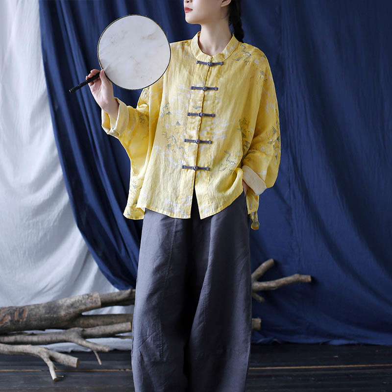 Nimara Ritual Yellow Phoenix Print Frog-button Design Long Sleeve Ramie Linen Jacket Shirt