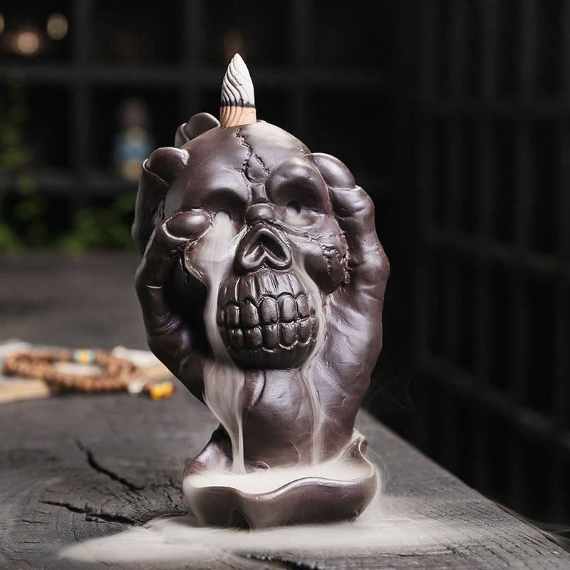 Nimara Ritual Halloween Skull With Ghost Hand Purple Clay Spiritual Incense Burner Decoration