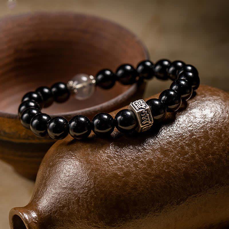 Nimara Ritual Chinese Zodiac Natal Buddha 925 Sterling Silver Black Obsidian Moonstone Strength Bracelet