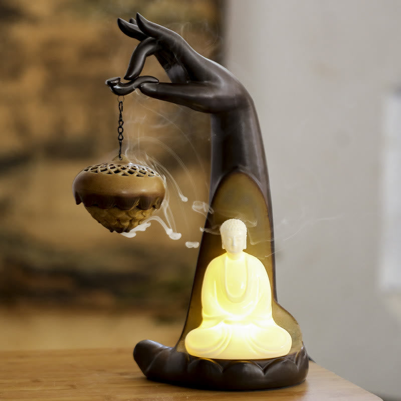 Nimara Ritual Led Buddha Hand Backflow Smoke Fountain Healing Ceramic Stick Incense Burner Decoration