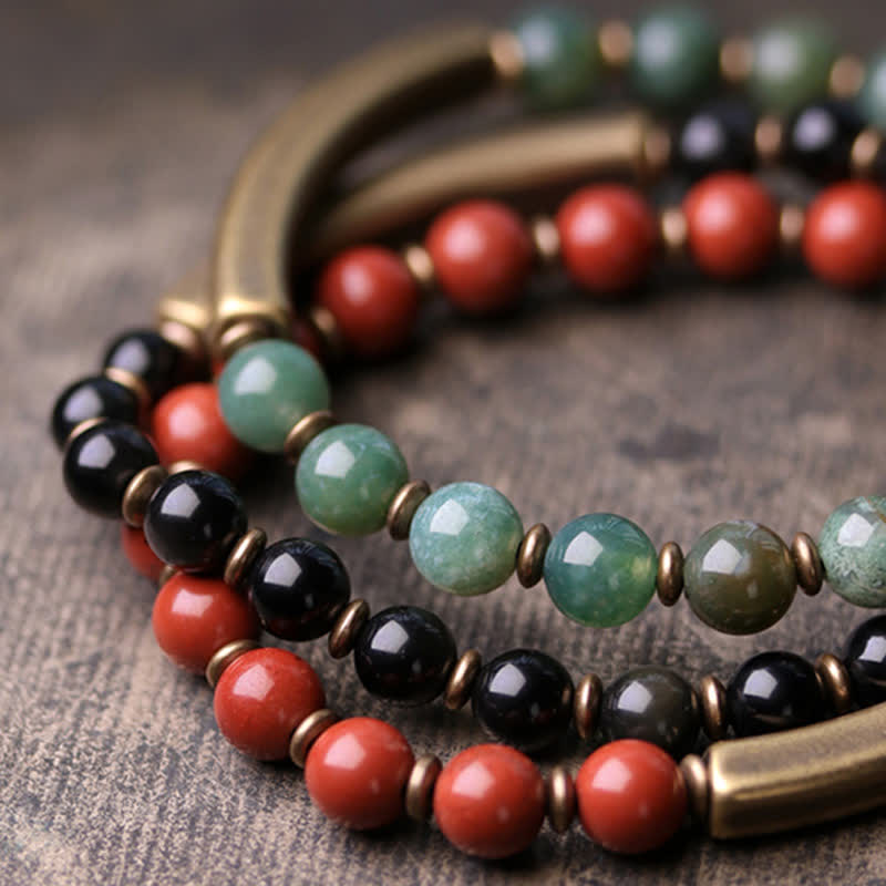 Nimara Ritual Red Jasper Moss Agate Black Obsidian Crystal Copper Peace Couple Bracelet