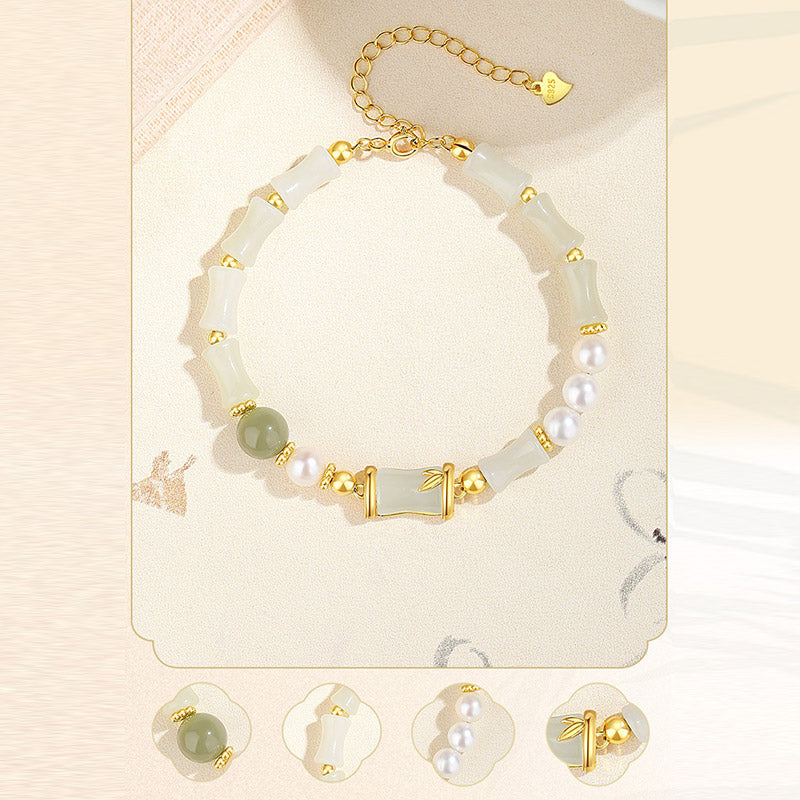 Nimara Ritual 925 Sterling Silver Natural Hetian White Jade Bamboo Luck Blessing Bracelet
